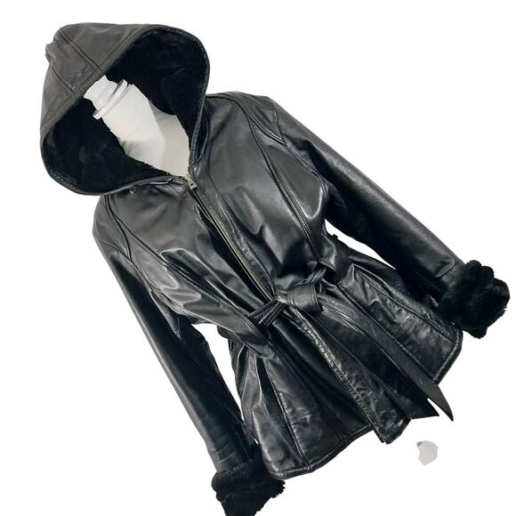 NWOT! WILSONS LEATHER! LUXE BLACK GENUINE LEATHER HOODIE SHERPA COAT! SZ 2X - Picture 1 of 13